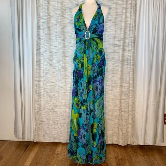 Donna Ricco Halter Maxi Gown in Blue and Green - Picture 2 of 16
